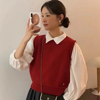 Áo dệt kim sát nách cổ tròn giả nhiều lớp thời trang hàn quốc cho nữ