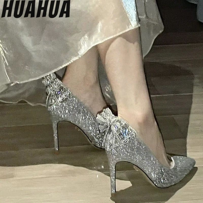 HUAHUA Giày Cao Gót Đính Kim Sa Pha Lê Lấp Lánh Thiết Kế Mới Thời Trang