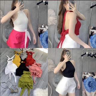 Áo yếm croptop thun cotton hở lưng đi biển có độn mút ngực cột buộc dây rời áo yếm sát nách sexy