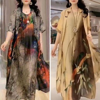Bộ Đầm 2 Món Cổ Tròn Tay Lửng Dáng Rộng Giả Lụa In Họa Tiết Hoa Xinh Xắn Thời Trang Cho Mẹ Và Bé
