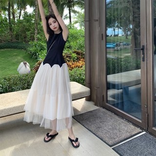 Đầm Dài Qua Gối Không Tay Phối Màu Nhẹ Nhàng Sang Trọng Phong Cách Hepburn Pháp Cao Cấp
