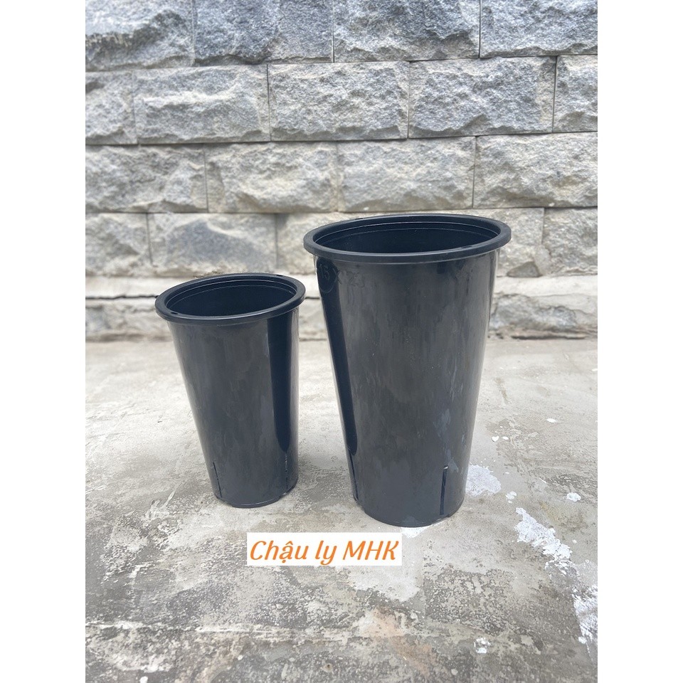 Chậu Ly 12x18cm Đen Nhựa Cứng Bền - Trụ Cao, Đáy Thoát Nước, Thoáng Khí, Trồng Lan/Kiểng Lá