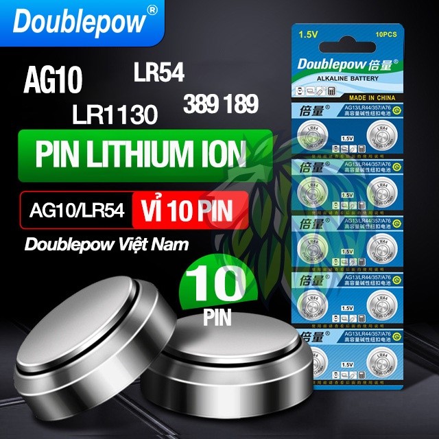 Vỉ 10 Pin Nút LR1130 AG10 LR54 389 189 Doublepow dung lượng cao Doublepow - Pin cút áo LR44 cho đồng