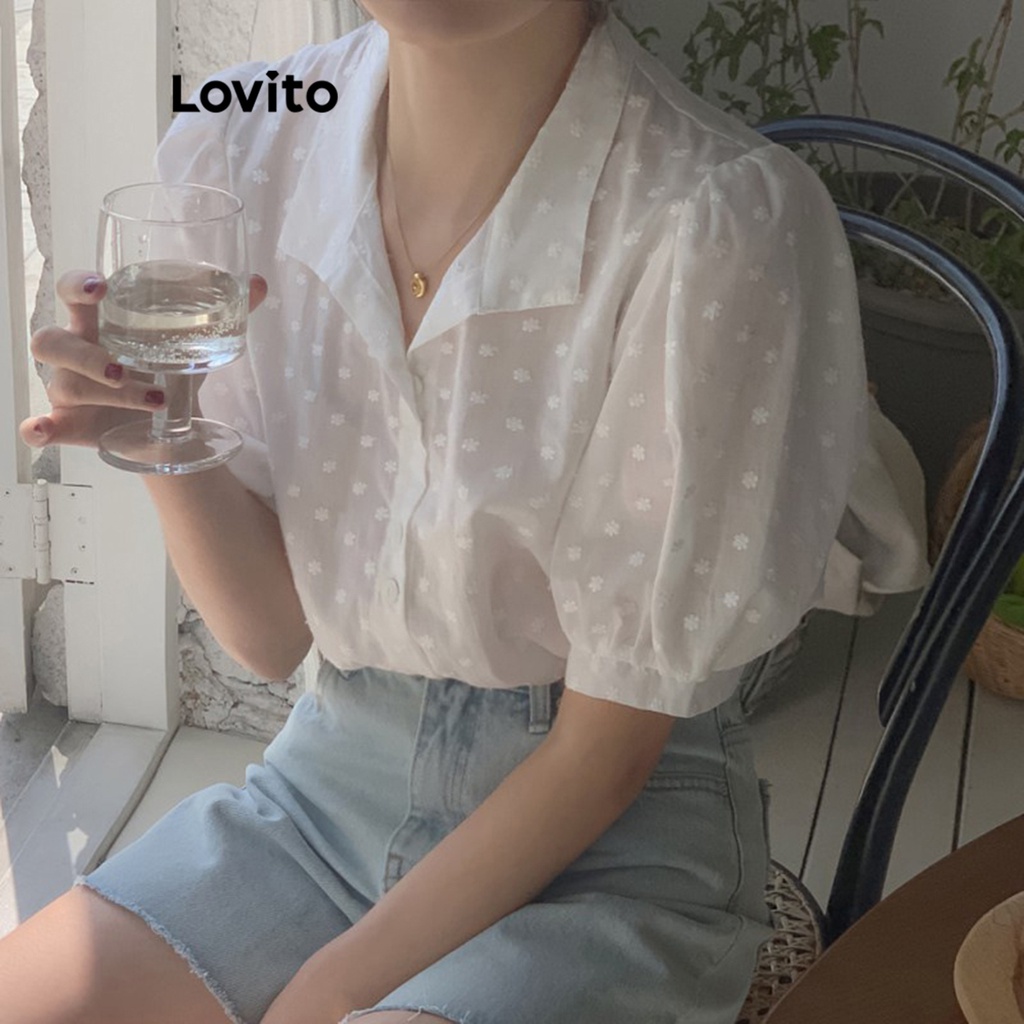 Áo kiểu Lovito phối ren màu trơn thường ngày cho nữ LNE21089 (Màu trắng)