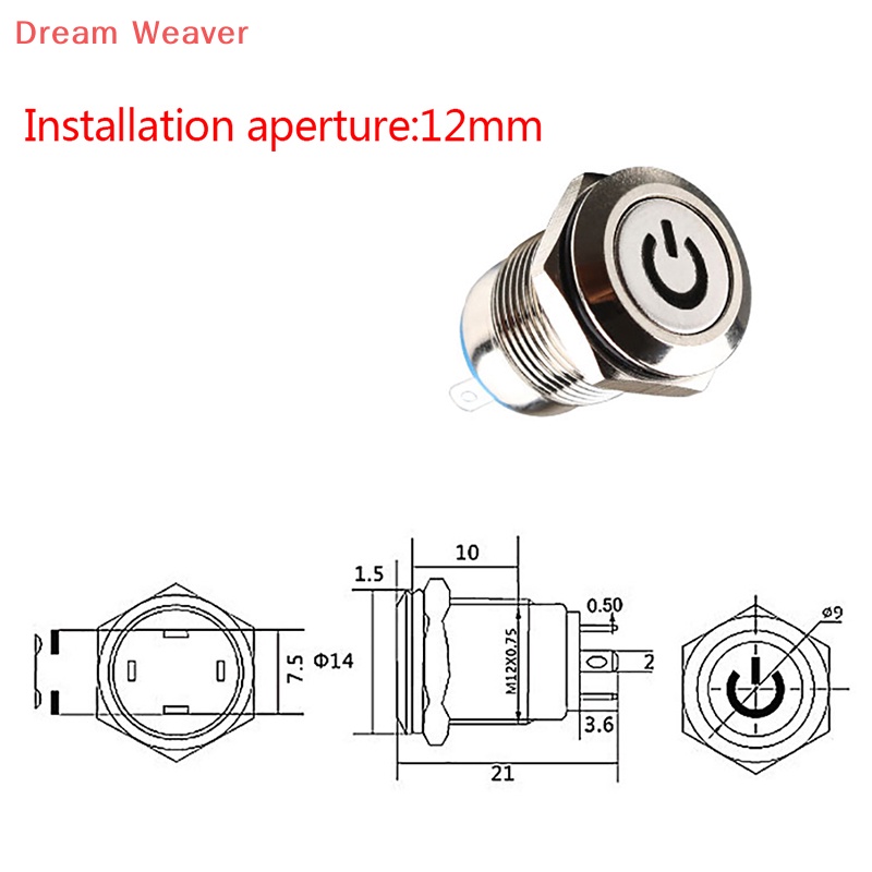 Công Tắc Nhấn Đèn led 12mm 12v Bằng Kim Loại Màu Đen Chống Thấm Nước