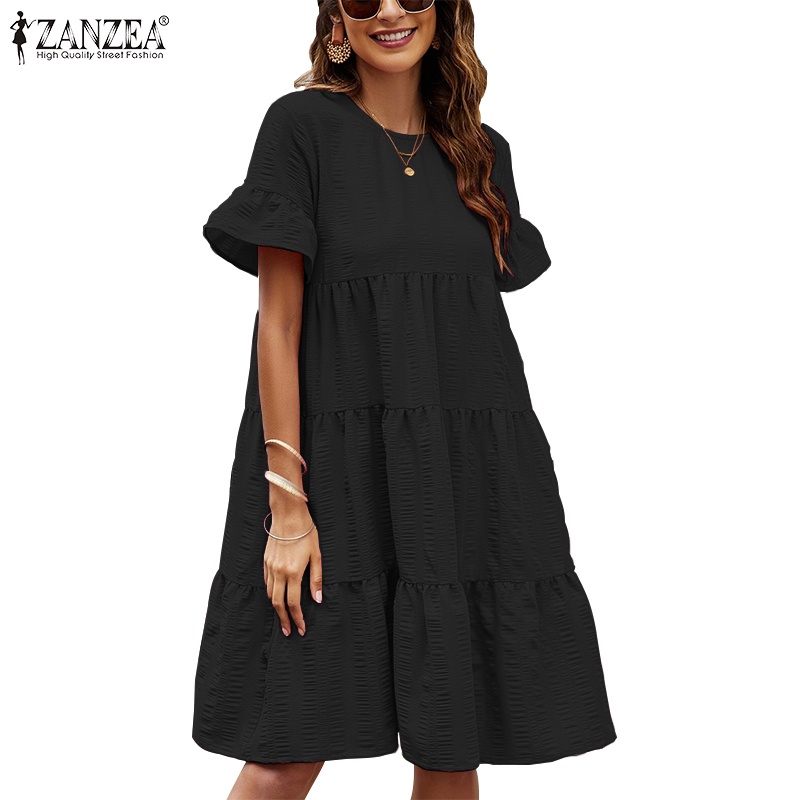 Zanzea Đầm Chữ a Viền Bèo Nhún Màu Trơn Phong Cách vintage