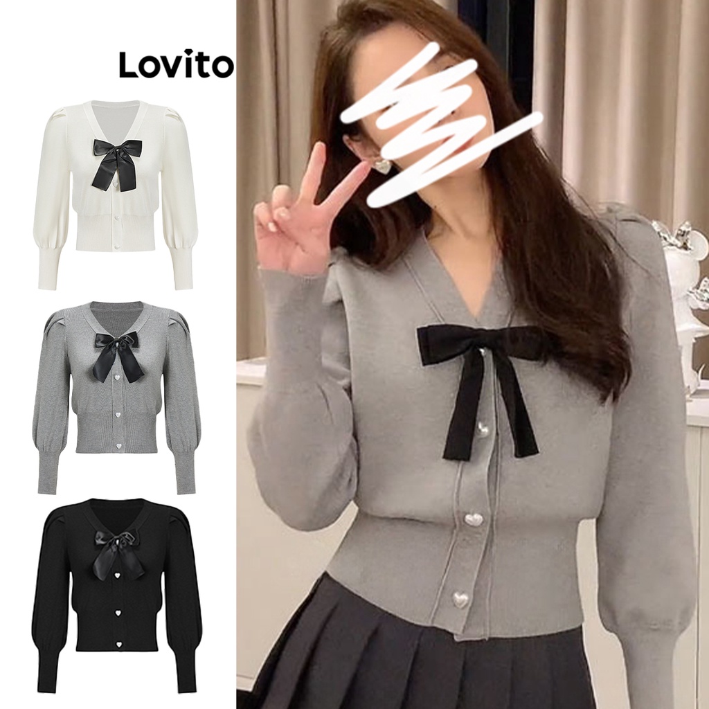 Lovito Áo len cổ chữ V trơn nơ dễ thương cho nữ L61AD150 (Xám/Trắng/Đen)