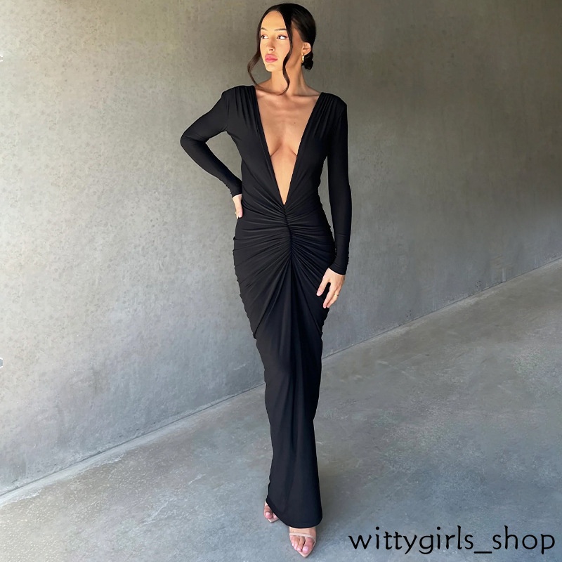 Cửa Hàng Wittygirls_Bộ Hàng | Đầm Dài Tay Cổ Chữ v Màu Trơn Thiết Kế Mỏng Quyến Rũ Thời Trang Mùa Thu Dành Cho Nữ