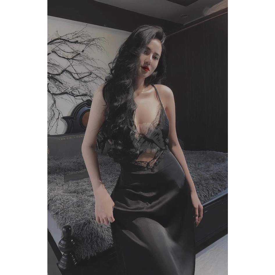 Đầm Ngủ Dáng Dài 2 Dây Phối Ren Cut Bụng Sexy Lụa Latin Cao Cấp Freesize 4O- 58kg - Namishop