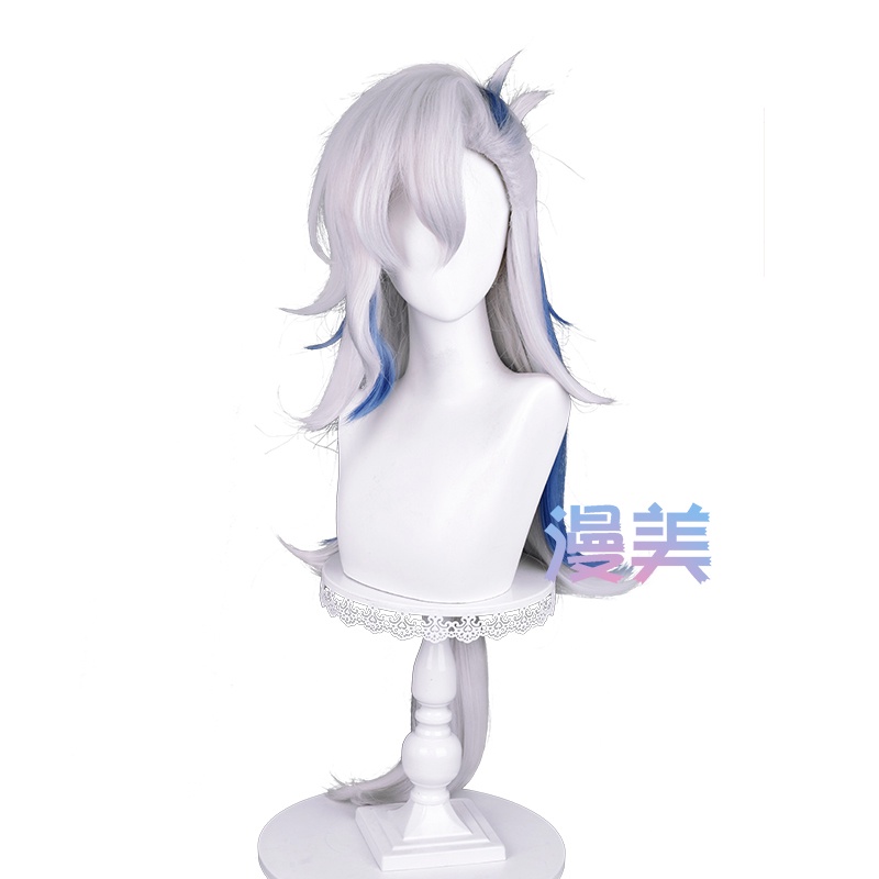 Genshin Impact Fontaine Neuvillette Cosplay Wig 100cm Long Silver White Blue Wig Cosplay Anime Wigs Heat Resistant Synthetic Wigs