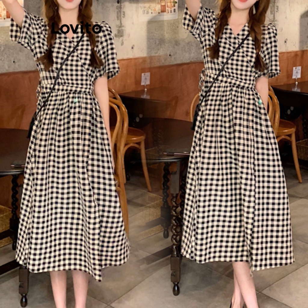 Lovito Đầm kẻ sọc quấn Ruffle Hem thông thường cho nữ LNE24275 (Đen)