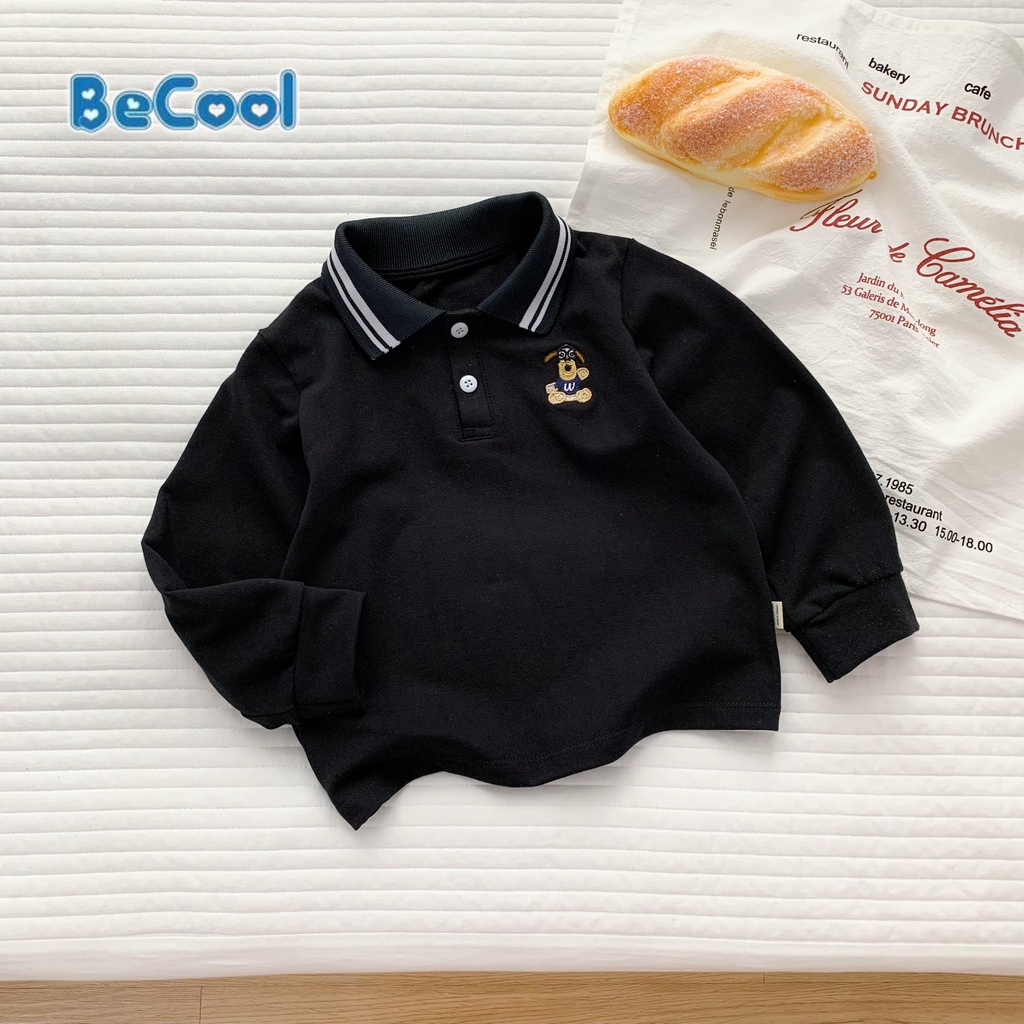 Áo Polo Dài Tay Thêu Hình Gấu Cho Bé Chất Thun Cotton Cao Cấp BeCool, Áo Dài Tay Thu Đông Cho Bé Từ 10-27kg