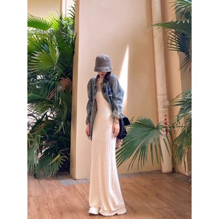 Đầm Hai Dây Dệt Kim Rỗng Màu Trắng Trơn he chenxi Tinh Khiết Khí Chất Mặc Biểu Diễn Khoe Hông Cho Nữ
