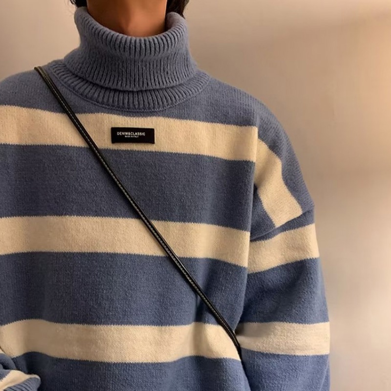 Aokang Áo sweater Dệt Kim Cổ Lọ Kẻ Sọc Dày Dặn Phong Cách Hàn Quốc Cao Cấp Cho Nam