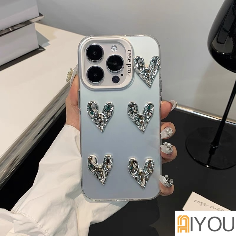 Sang Trọng Ốp Điện Thoại acrylic Cứng Nhám Chống Sốc Hình Trái Tim 3d Màu laser Cho iphone 15 14 13 12 11 pro max xr xs x