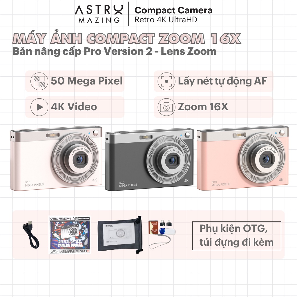 [V2 Pro] Máy chụp ảnh kĩ thuật số digital Zoom V2 Pro by AstroMazing - Quay, chụp 50MP, siêu mỏng nhỏ gọn