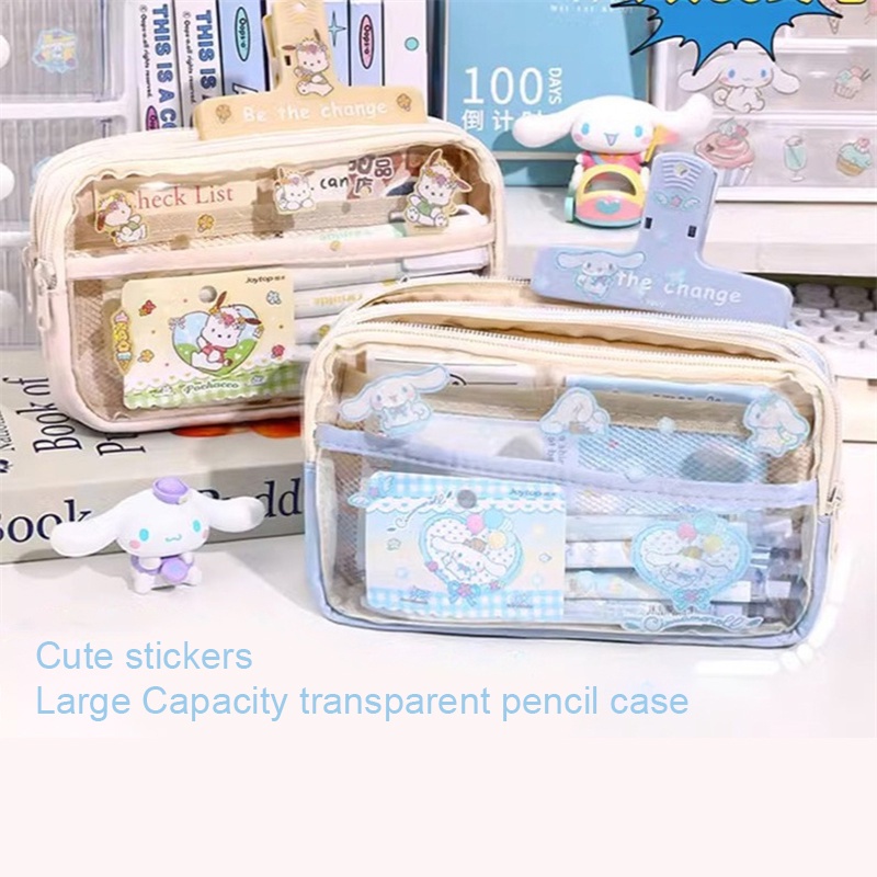 Hộp đựng bút chì trong suốt Sanrio có nhãn dán My Melody Kuromi Cinnamoroll Túi đựng văn phòng phẩm chống nước, túi đựng đồ dùng học sinh, văn phòng phẩm Quà tặng