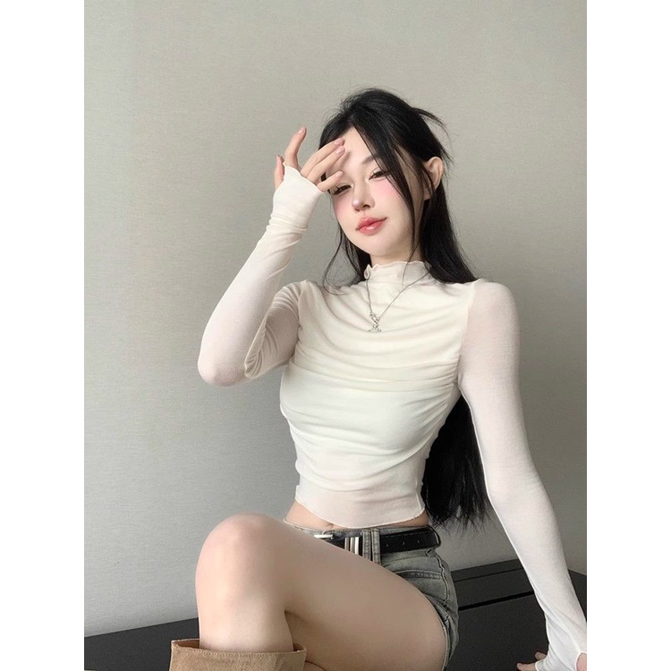 Áo Thun Tay Dài Cổ Cao Ôm Dáng Phong Cách Mỹ Thời Trang Mùa Thu Cho Nữ