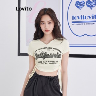 Áo thun LOVITO buộc dây phối viền tương phản xếp nếp họa tiết chữ thường ngày cho nữ LNE10154 (Màu mơ)