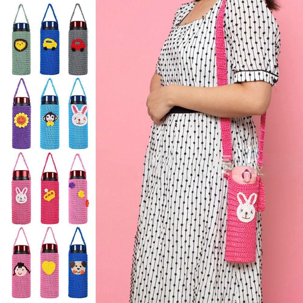 Túi Đựng Bình Nước 800-1000ml Bằng Len Họa Tiết Hoạt Hình Dễ Thương Kèm Dây Đeo Tiện Dụng