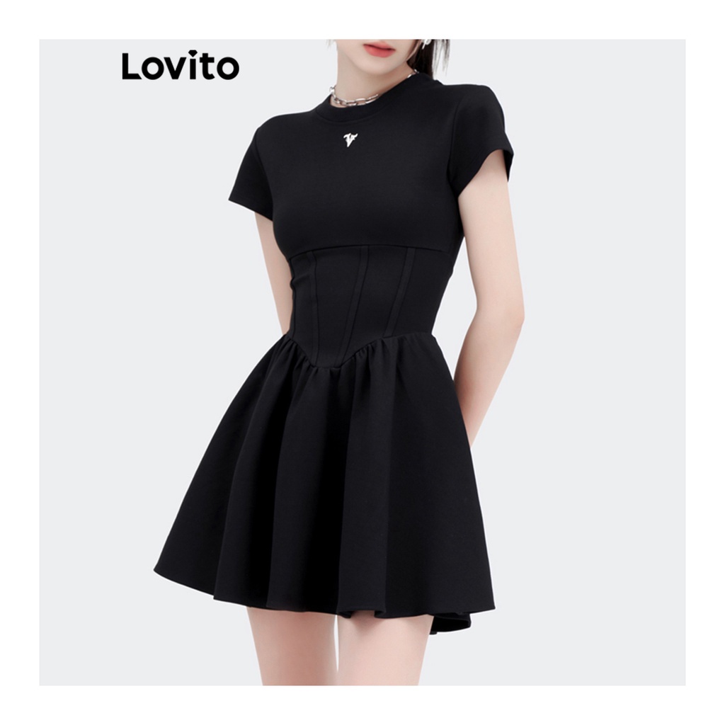 Đầm Lovito đường viền kết cấu cơ bản màu trơn phong cách thường ngày cho nữ L58AD143 (Đen)