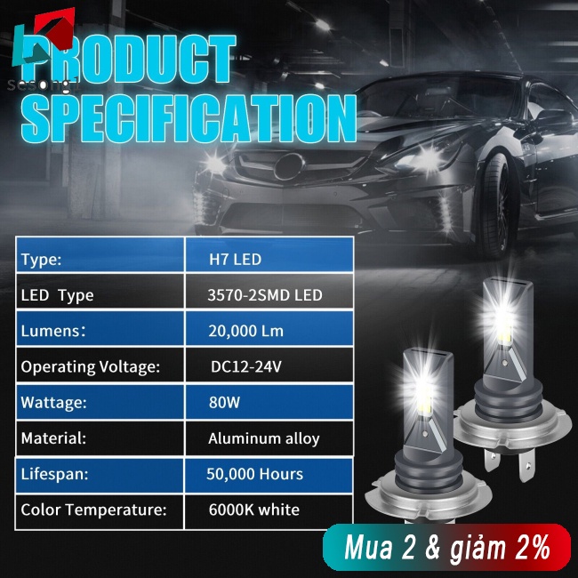 Sesong Bộ 2 Đèn Pha led h7 160w 20000lm 6000k Ánh Sáng Trắng Siêu Sáng Cho Xe Hơi