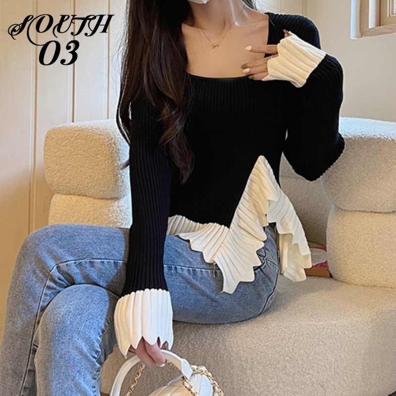 Áo sweater Dệt Kim Mỏng Tay Dài Cổ Vuông Thời Trang Thu Đông Phong Cách Pháp Mới Cho Nữ