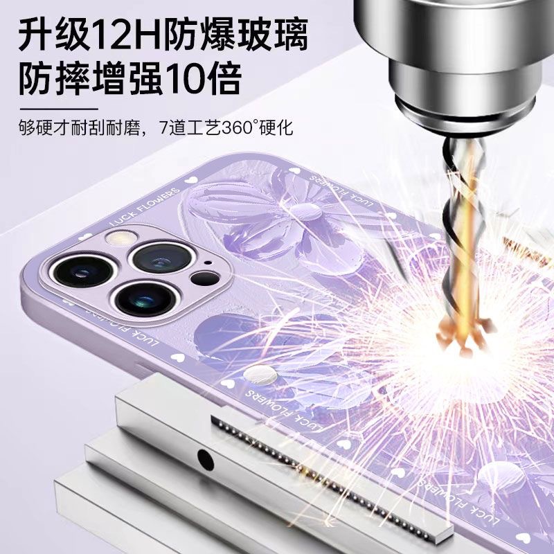 Ốp Điện Thoại Kính Cường Lực Hình Hoa Màu Tím / Xanh Dương Cho iphone 15 promax 14 13pro 12 11promax 78plus xsmax