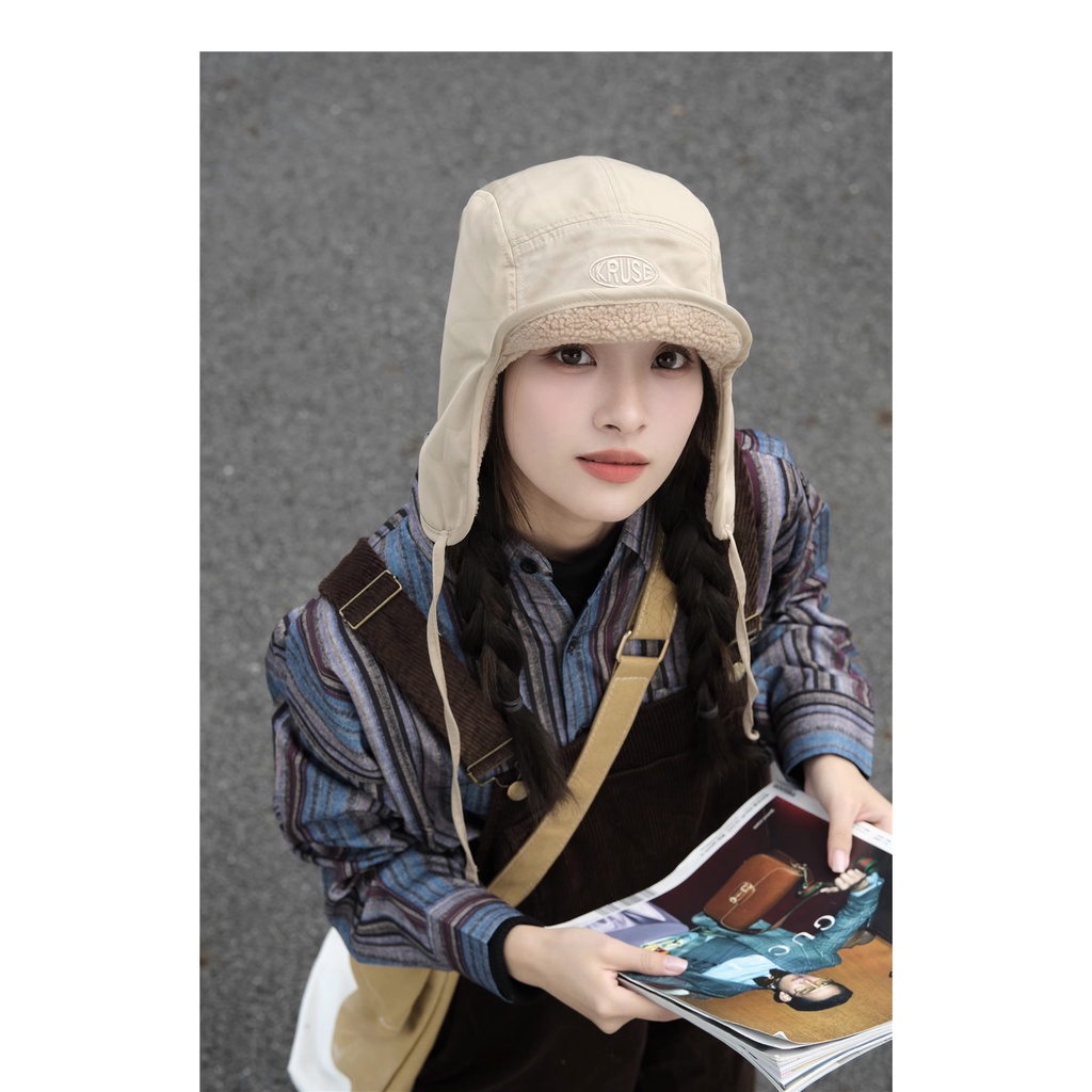 Mũ Phi Công Vải Nhung Thêu Chữ Phong Cách Đường Phố Hàn Quốc Thời Trang Mùa Đông