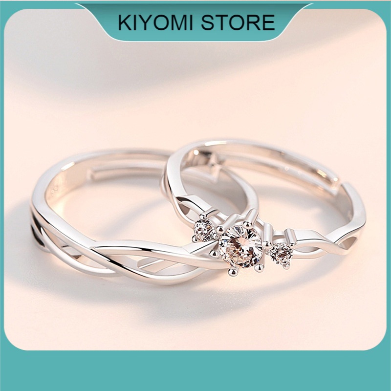 Nhẫn Đính Hôn Bạc Đính Đá Lấp Lánh Dành Cho Cặp Đôi Điều Chỉnh Kích Thước Theo Ngón Tay