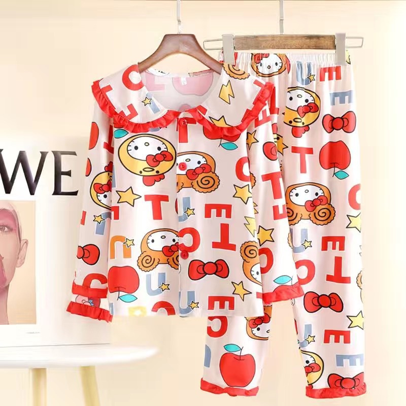 Bộ Đồ Ngủ 2 Món Gồm Áo Tay Dài Cổ Búp Bê Hoạt Hình + Quần Dài Cho Bé Gái