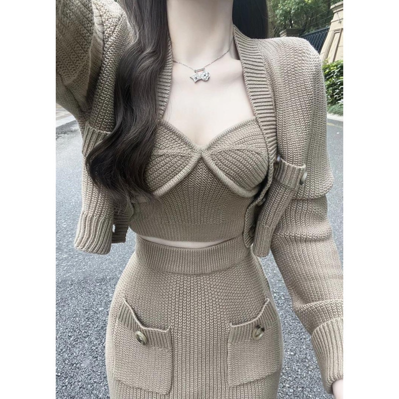 Bộ Áo cardigan Dệt Kim Ba Mảnh Dáng Ôm + Chân Váy Lửng Thời Trang Dành Cho Nữ