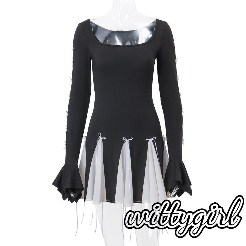 Đầm mini Dài Tay Thắt Nơ Màu Sắc Tương Phản Thời Trang Đi Biển Cho Nữ