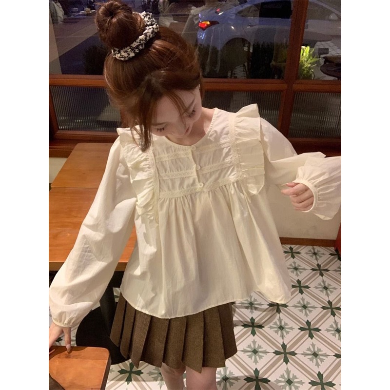 Áo Sơ Mi Dài Tay Phối Bèo Phong Cách Pháp Thời Trang Cho Nữ