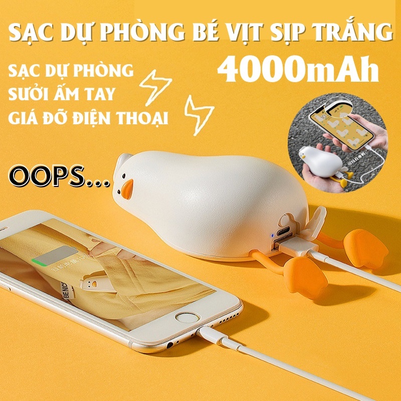 Pin Sạc Dự Phòng Ấm Tay Vịt Kiêm Giá Đỡ 4000mAh Sưởi Ấm Tay Cổng USB Hình Chú Vịt Lười