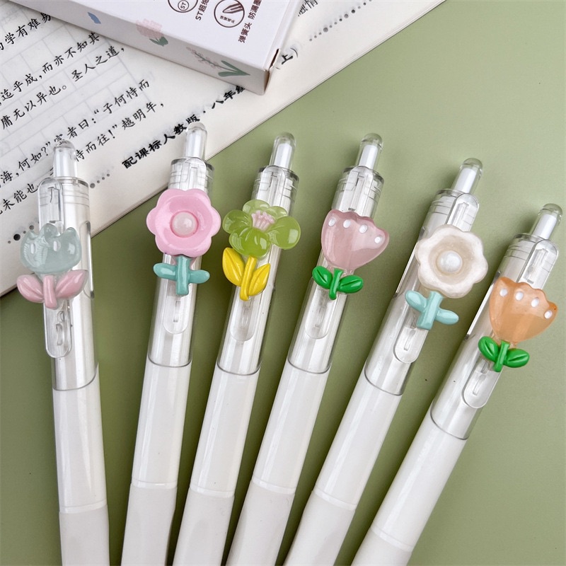 Bút Bi Bấm deli dupe gắn charm hoa nhí Mực Gel Đen Ngòi 0.5mm đáng yêu