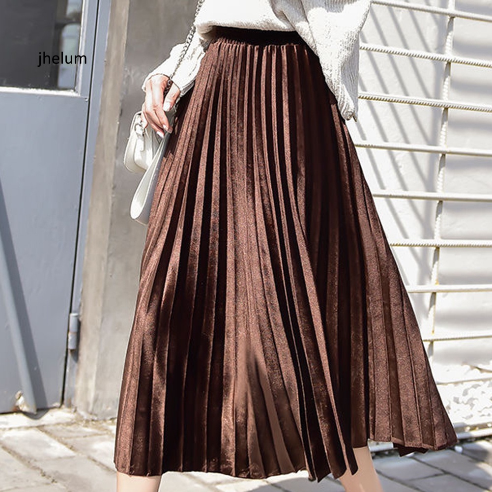 Chân Váy Xòe Dài Vải Nhung Xếp Ly Lưng Thun Co Giãn Màu Trơn Thanh Lịch Cho Nữ