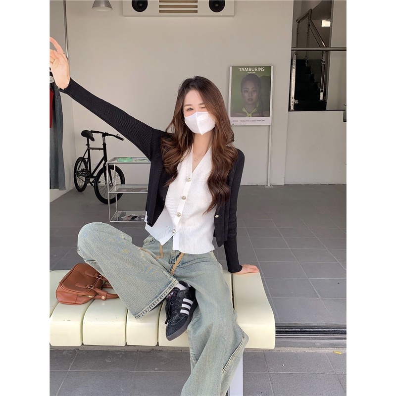 Áo cardigan Cổ Chữ v Tay Dài Giả Hai Lớp Màu Sắc Tương Phản Thời Trang Mùa Thu Cho Nữ