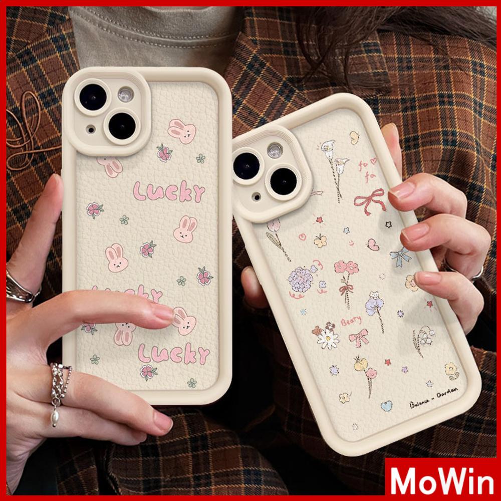 Ốp lưng iPhone 15 Pro Max Ốp Da Họa Tiết Màu Trắng Ốp Chống Sốc TPU Mềm Hình Chú Thỏ Dễ Thương Màu Hồng Hoa Tương Thích Với iPhone14 Pro Max 13 Pro Max 12 Pro Max 11 XR XS 7Plus 8Plus