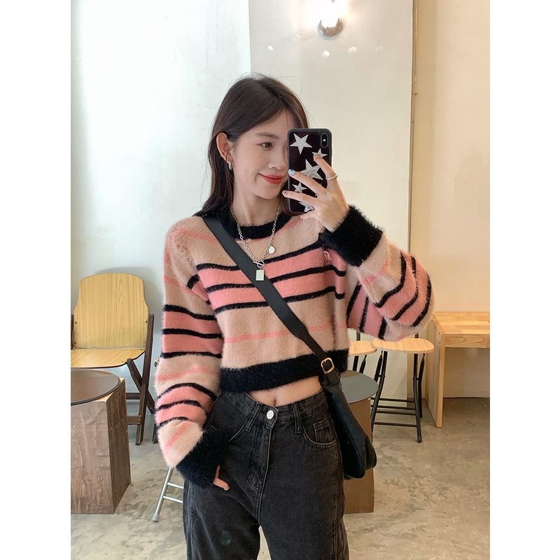 Áo Dệt Kim Tay Dài Dáng Rộng Họa Tiết Kẻ Sọc Phong Cách retro Thời Trang Mùa Thu Cho Nữ