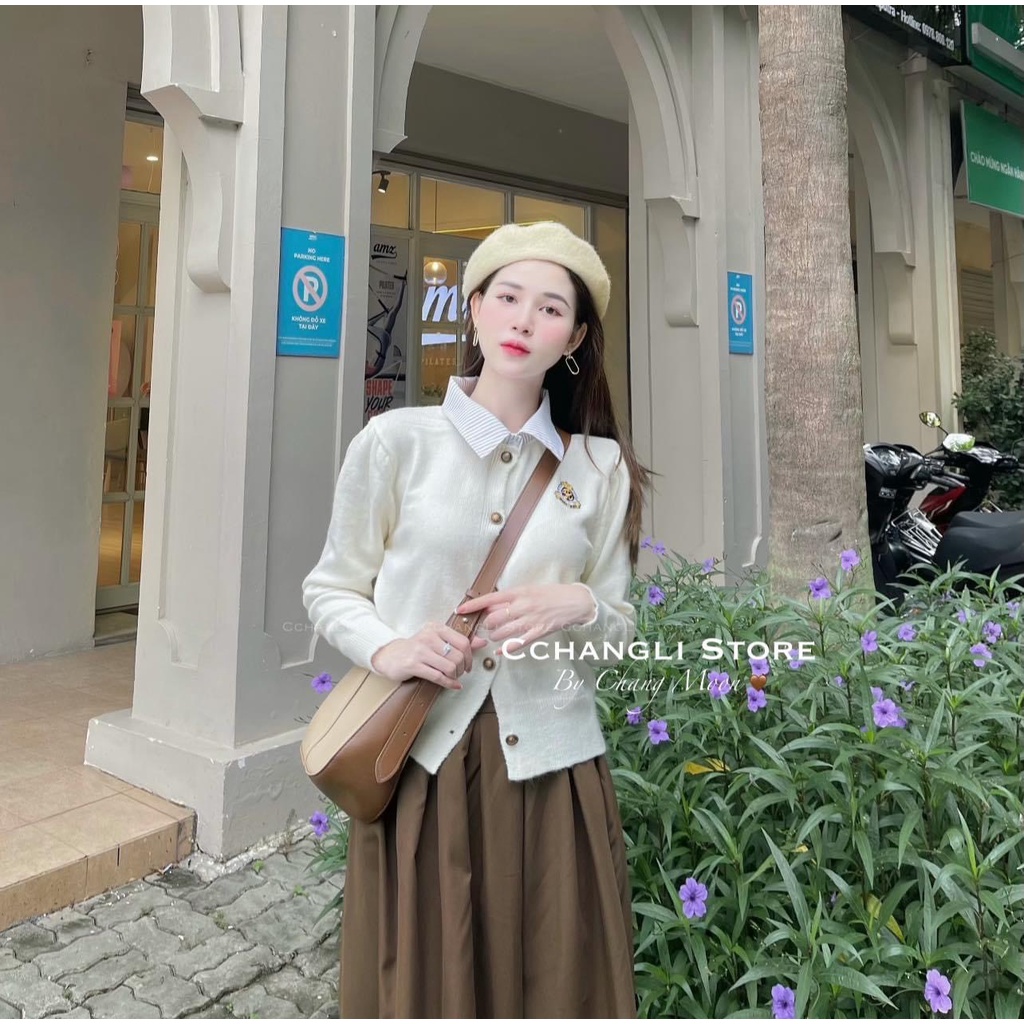 Set áo nude kem cổ sơmi nút đồng+chân váy midi nâu