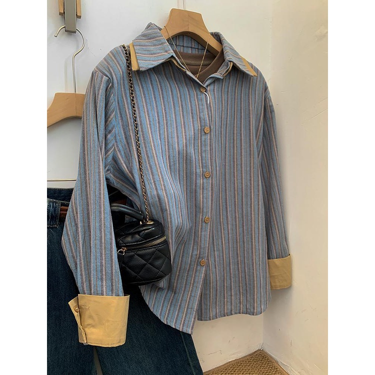 Áo Sơ Mi Tay Dài Kẻ Sọc Xanh Dương Phong Cách Hàn Quốc Thời Trang Mùa Thu Mới 2023 Dành Cho Bạn Nữ