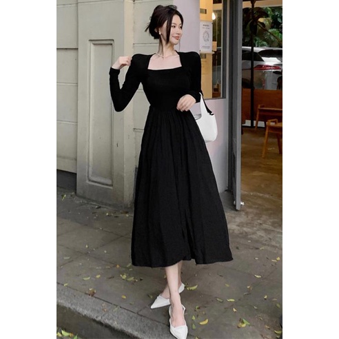 Mqaq hepburn Đầm Đen Dài Tay Cổ Vuông Phong Cách Pháp Thời Trang Xuân Thu Cao Cấp