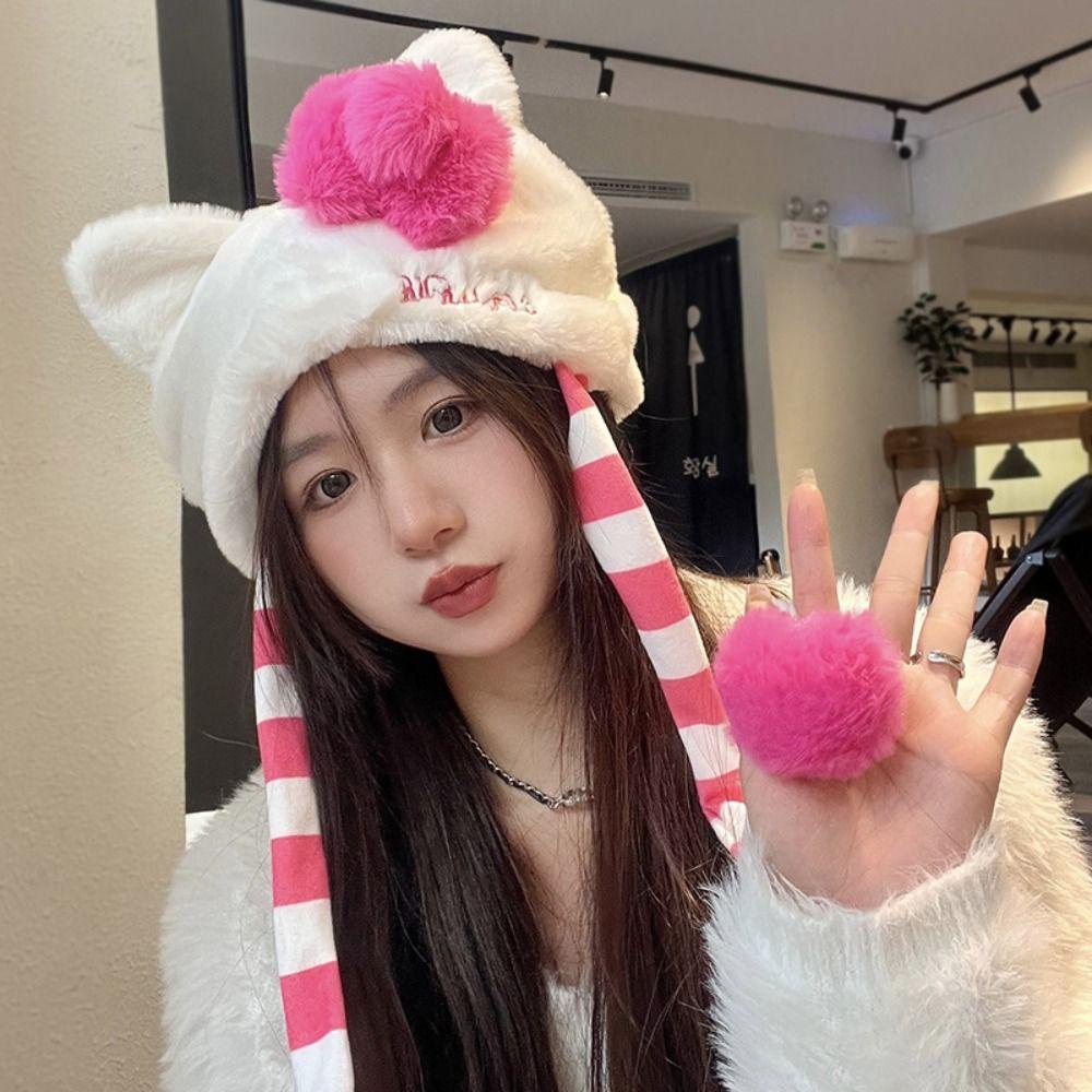 Mũ Trùm Đầu Vải Bông Dày Ấm Áp Hình Mèo kitty Màu Hồng Bảo Vệ Tai