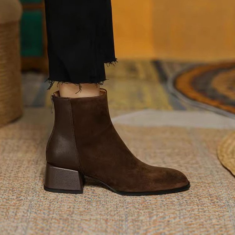 Giày Bốt Da Lộn Mũi Nhọn Gót Dày Phối Khóa Kéo Thời Trang Hàn Quốc Cho Nữ size 34-40