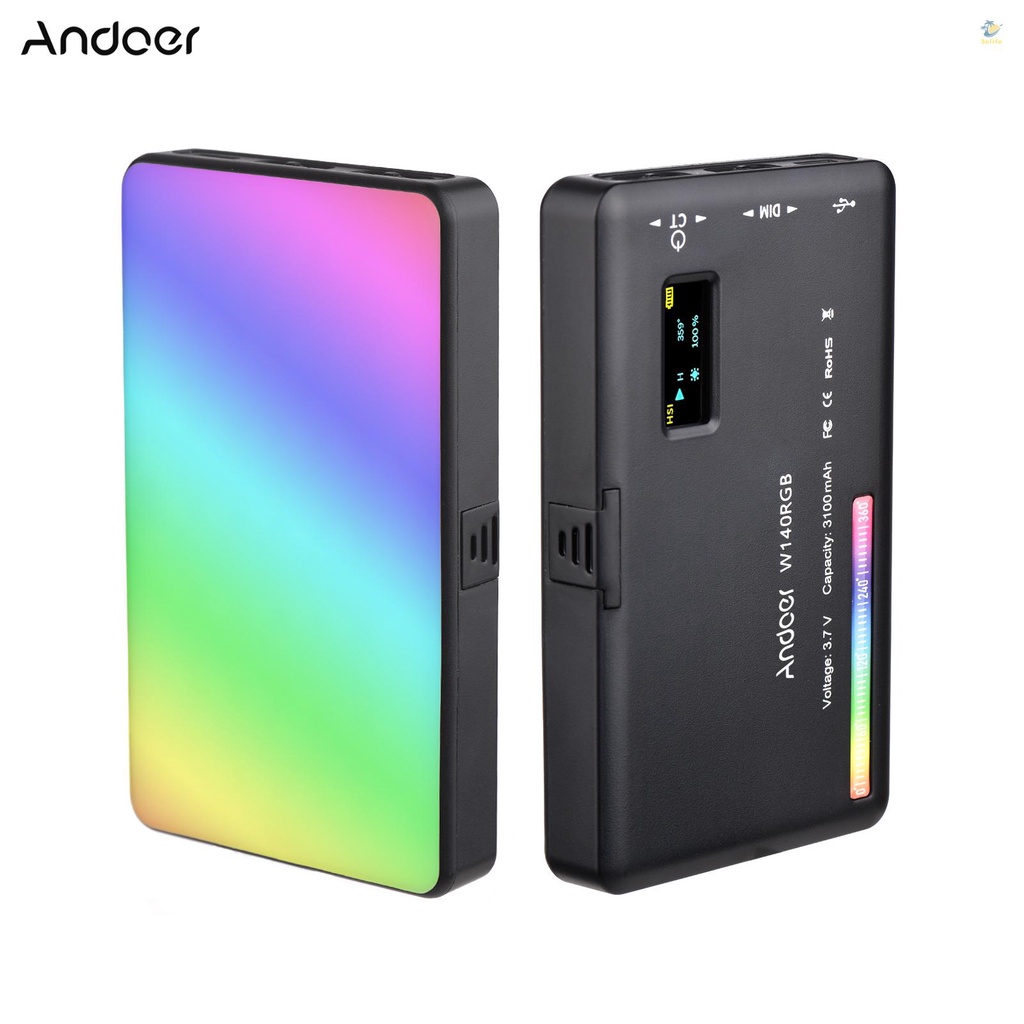 Đèn led Trợ Sáng Chụp Ảnh andoer w140 rgb 3elife cri95 + 2500k-9000k 20 Có Thể Sạc Lại Với Màn Hình lcd Cho vlog liv