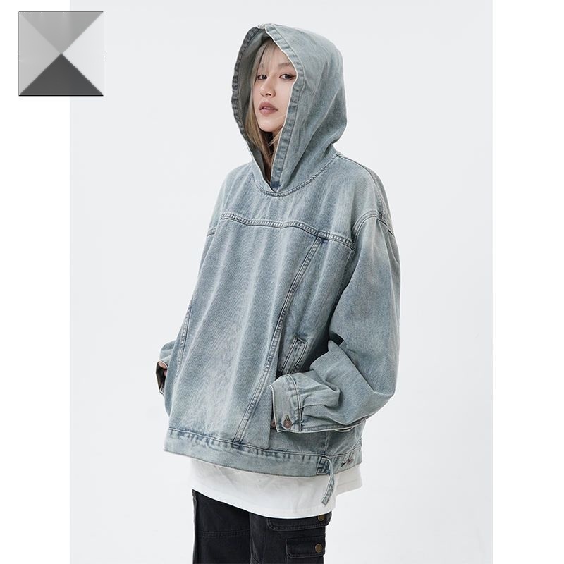 Áo Khoác denim Có Mũ Trùm Dài Tay Dáng Rộng Màu Sắc Đơn Giản Phong Cách Hồng Kông unisex zyq150