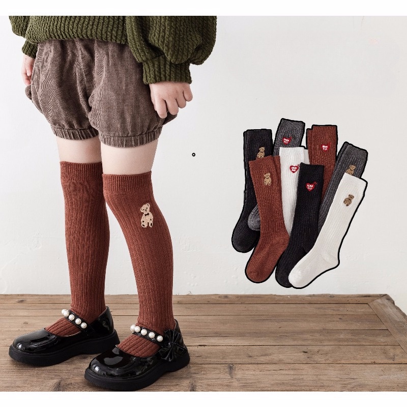 Vớ cotton Cao Qua Gối Thêu Họa Tiết Gấu Hoạt Hình Màu Trơn Phong Cách Hàn Quốc Xinh Xắn Cho Bé Gái