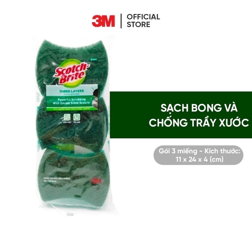 Combo 3 Miếng rửa chén 2 mặt siêu sạch chống trầy xước Scotch Brite 3M đa năng, 3 tác động làm sạch, độ bền cao