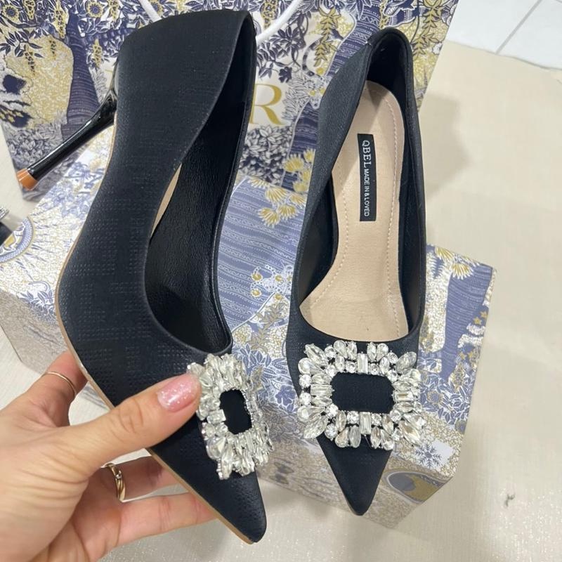 Giày Cao Gót Da Mịn Nơ Đính Đá Vuông Gót Đũa Trẻ Trung Thời Trang MARYSHOP
